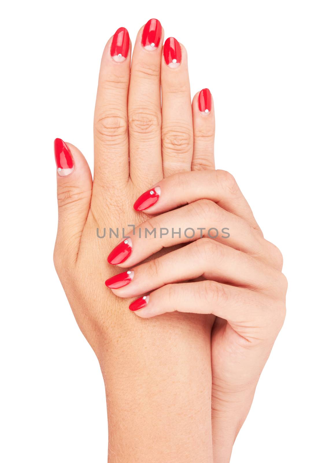 Hand with nail red manicure isolated on white background 