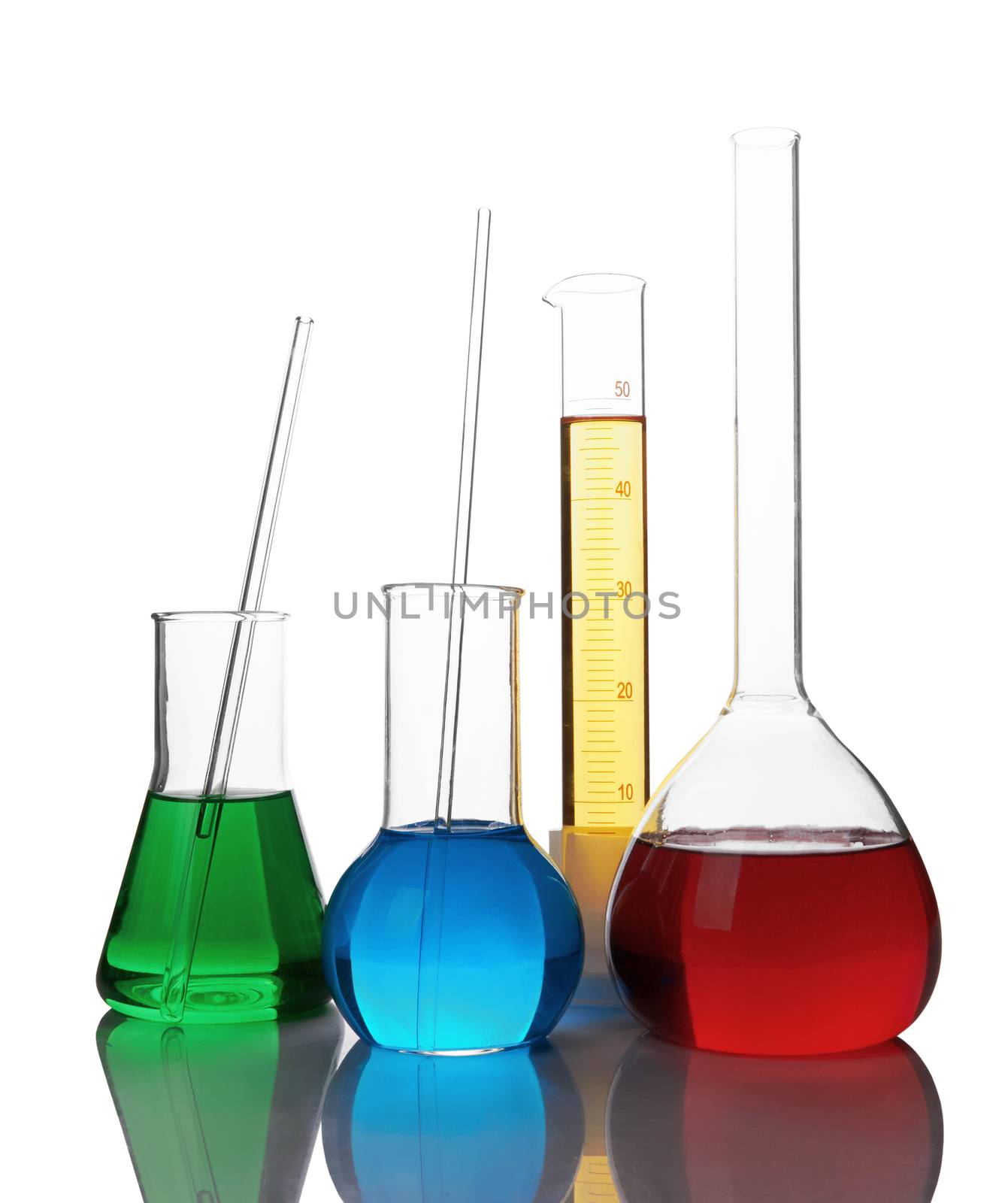 test tubes with colorful liquids isolated on white background 