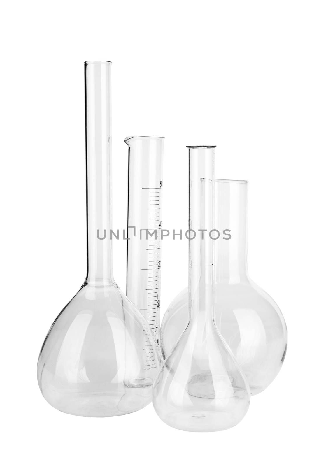 empty laboratory glassware with reflection isolated on white background