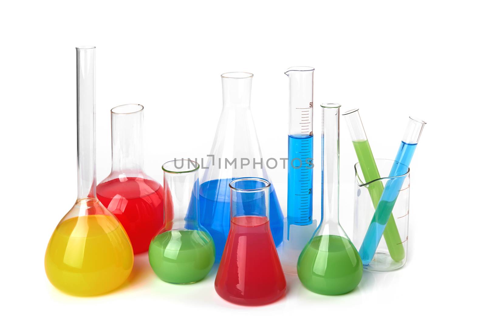 test tubes with colorful liquids isolated on white background