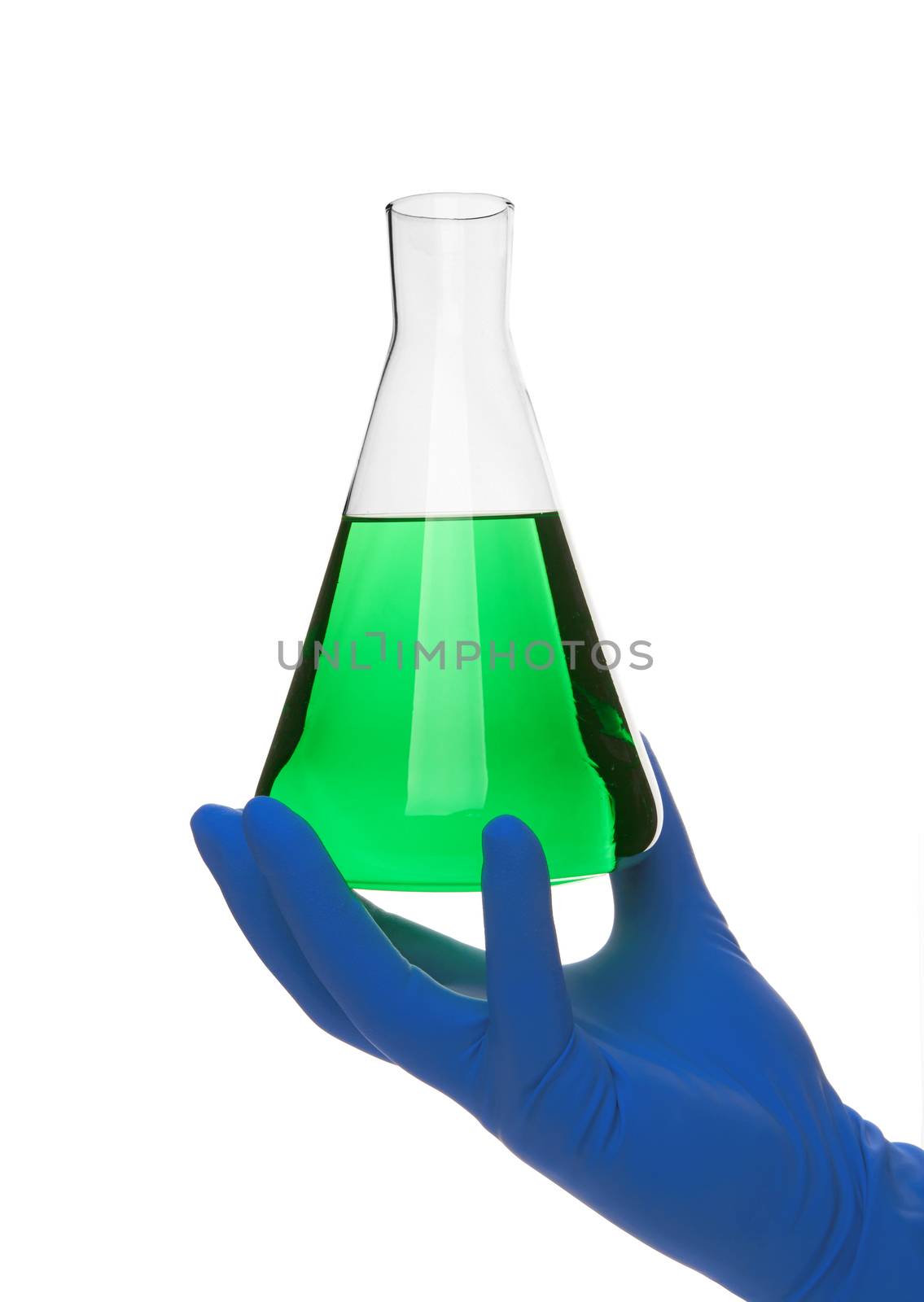 Scientist fingers holding a glass test tube in a research lab on white