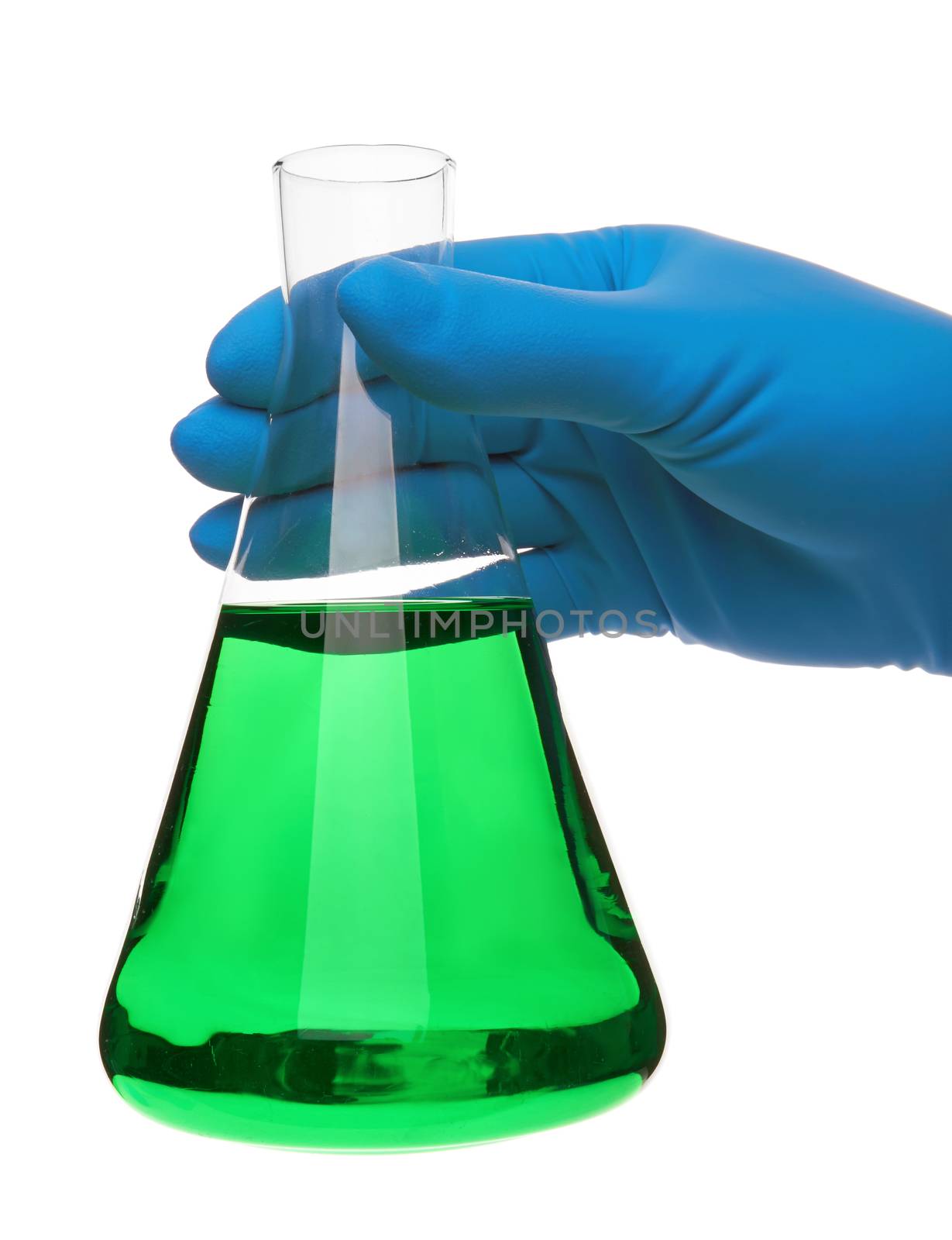 Scientist fingers holding a glass test tube in a research lab on white