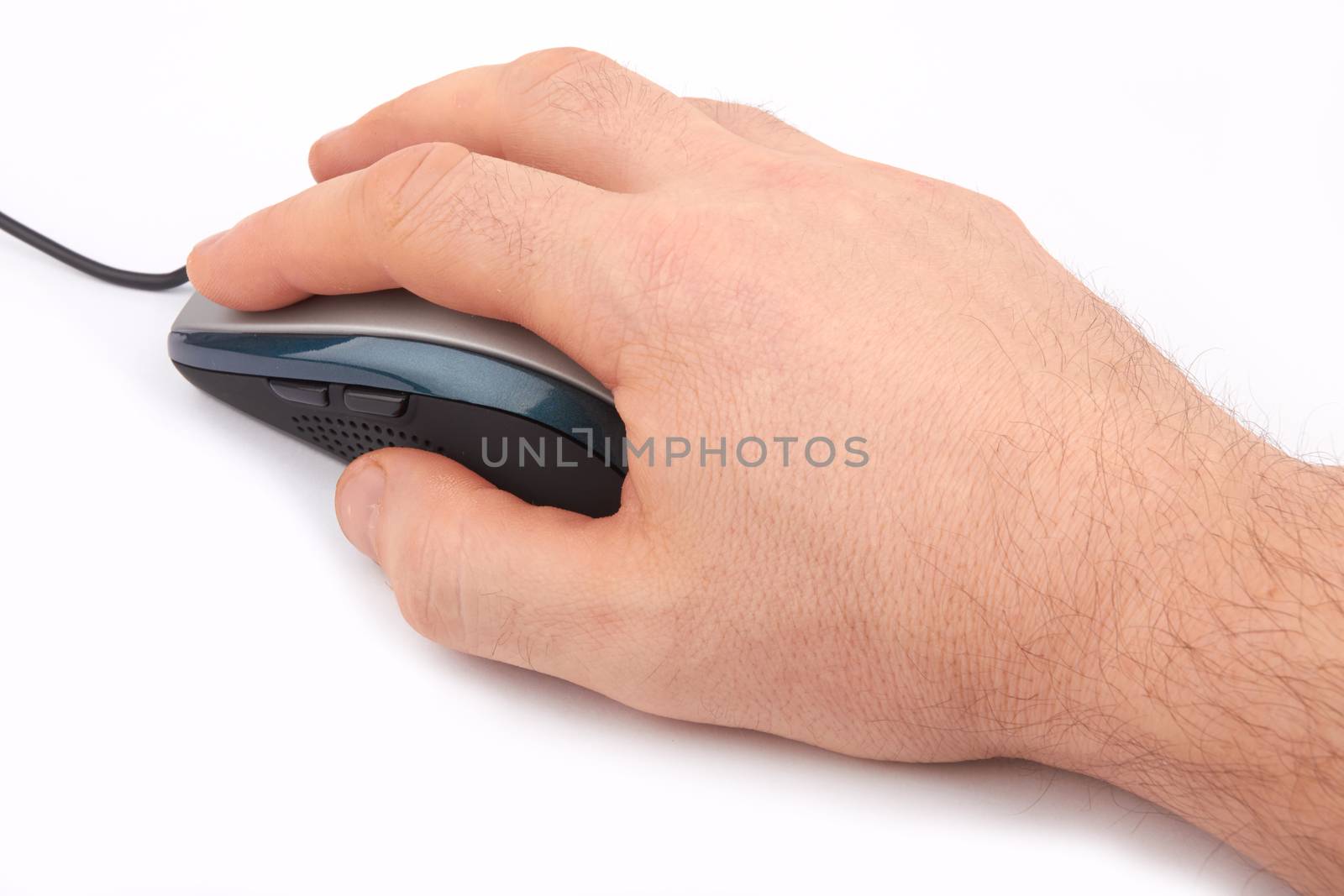 computer mouse and hand close up on a white background