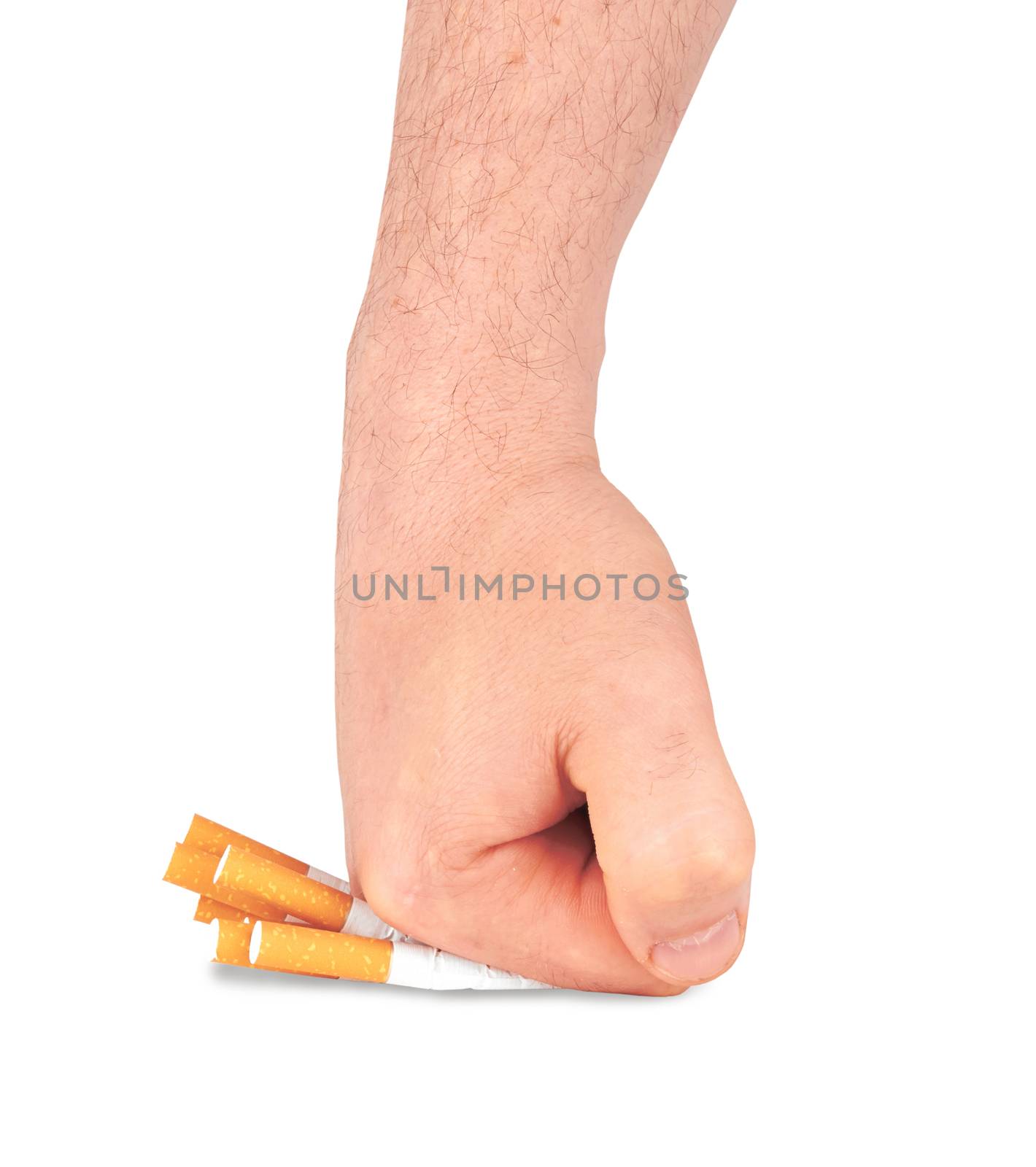 stop smoking fist with crushed cigarettes on white