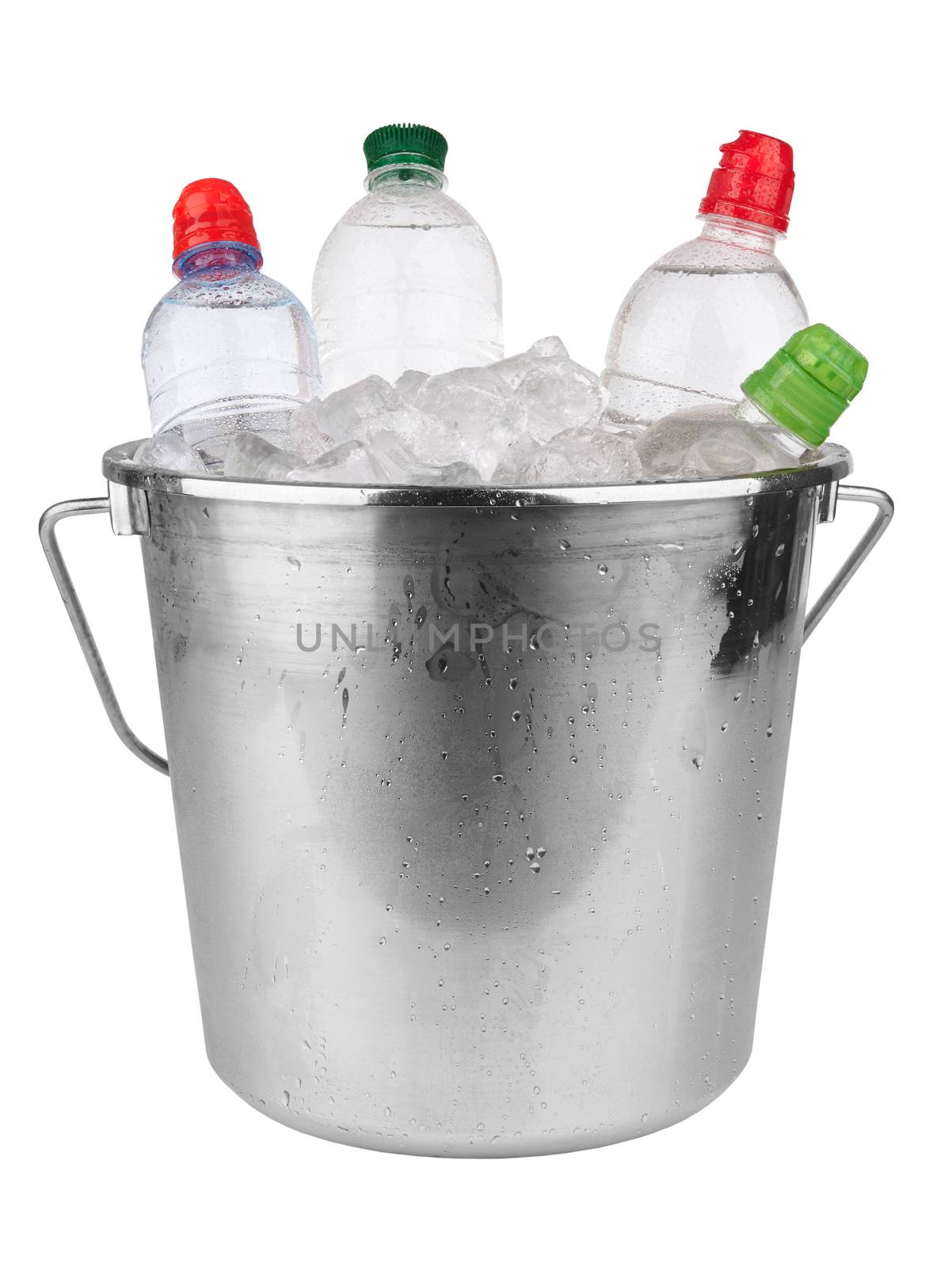 Water bottles in ice cube isolated on a white background 