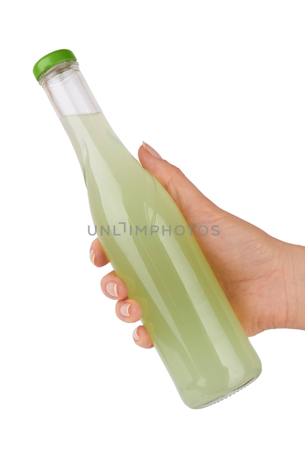 hand is holding a bottle isolated on white background