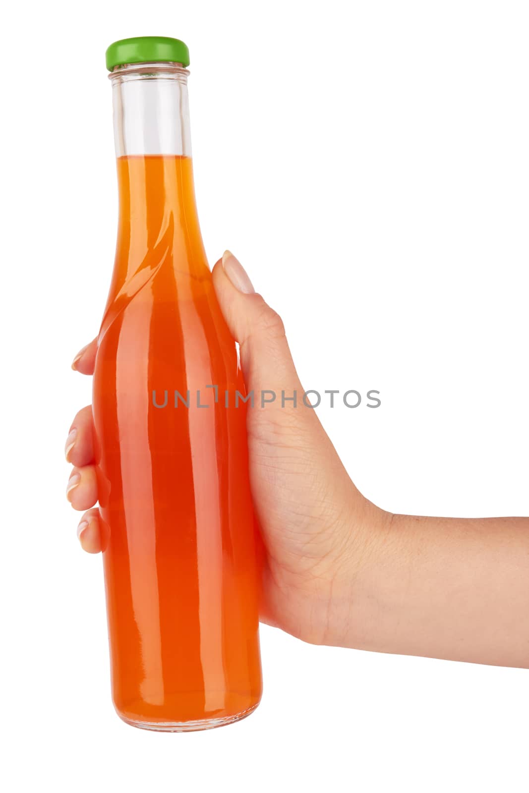 hand is holding a bottle isolated on white background