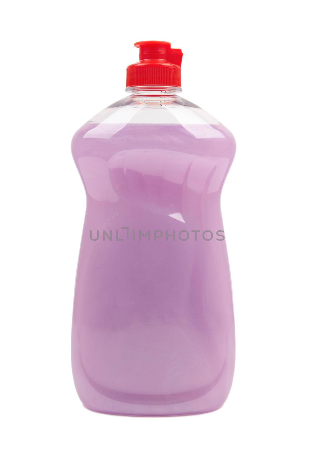 Full bottle of purple dish washing liquid isolated on white