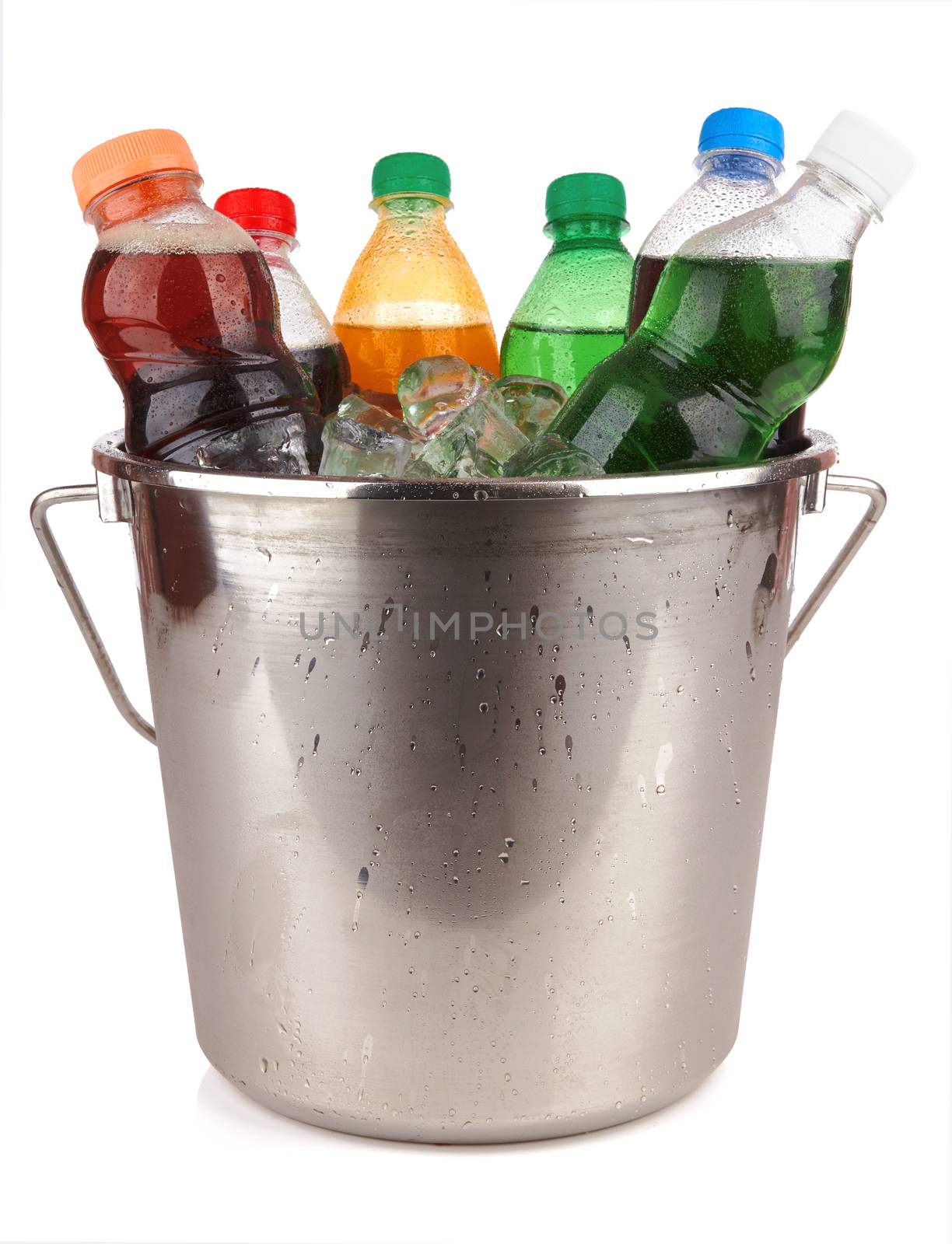 cold beverages in plastic bottles on heap of ice cubes