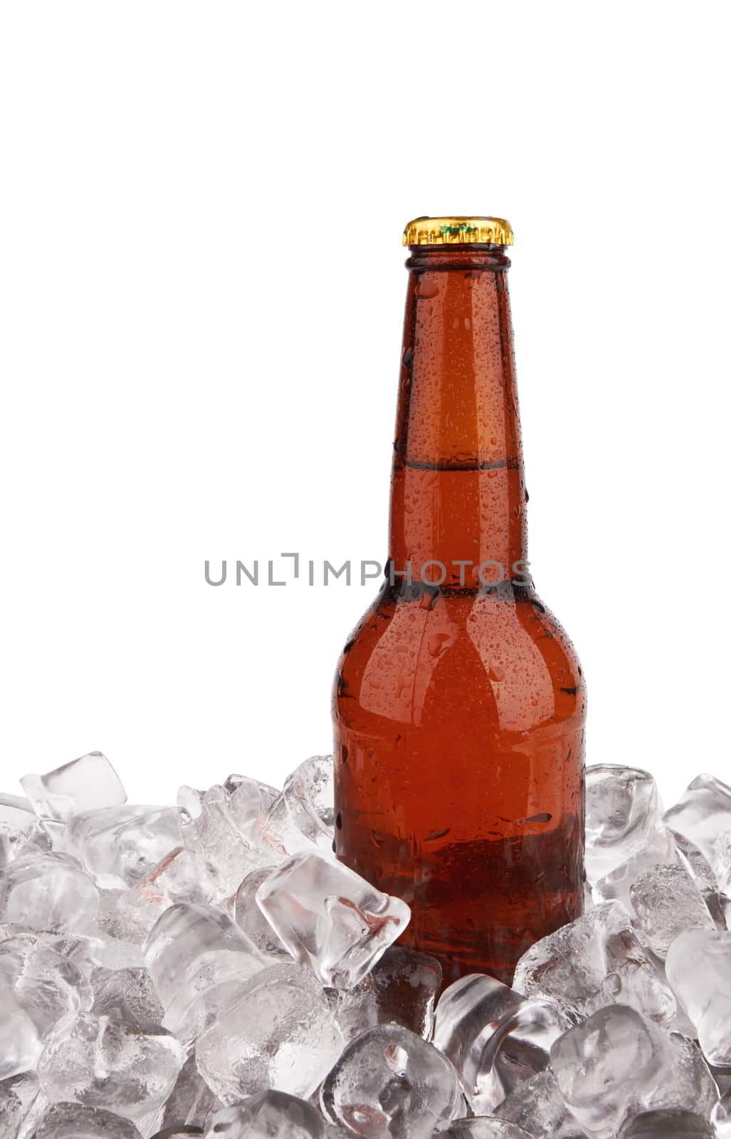 One bottle of beer on ice isolated on white background 