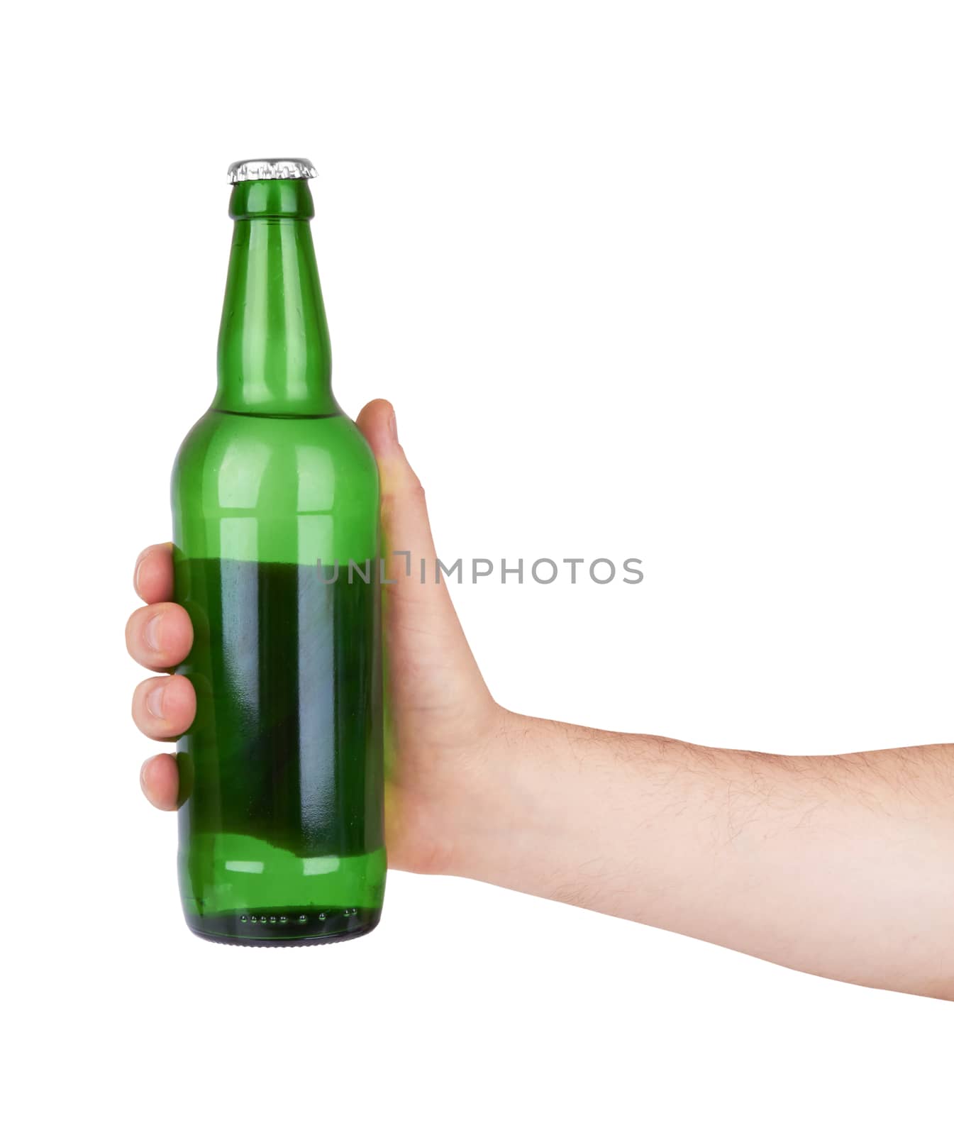 hand holding a green beer bottle without label isolated on white background 