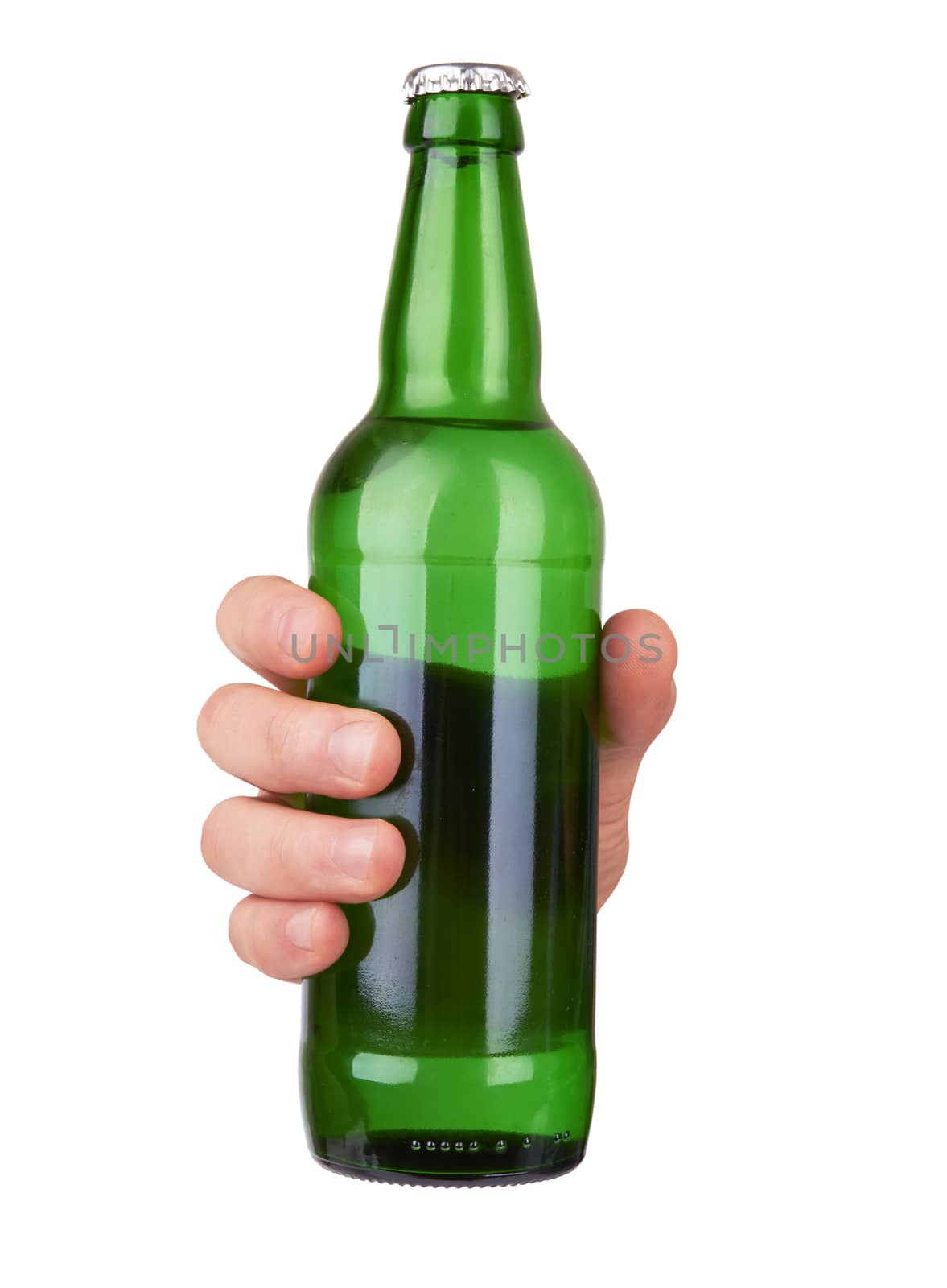 hand holding a green beer bottle without label isolated on white background