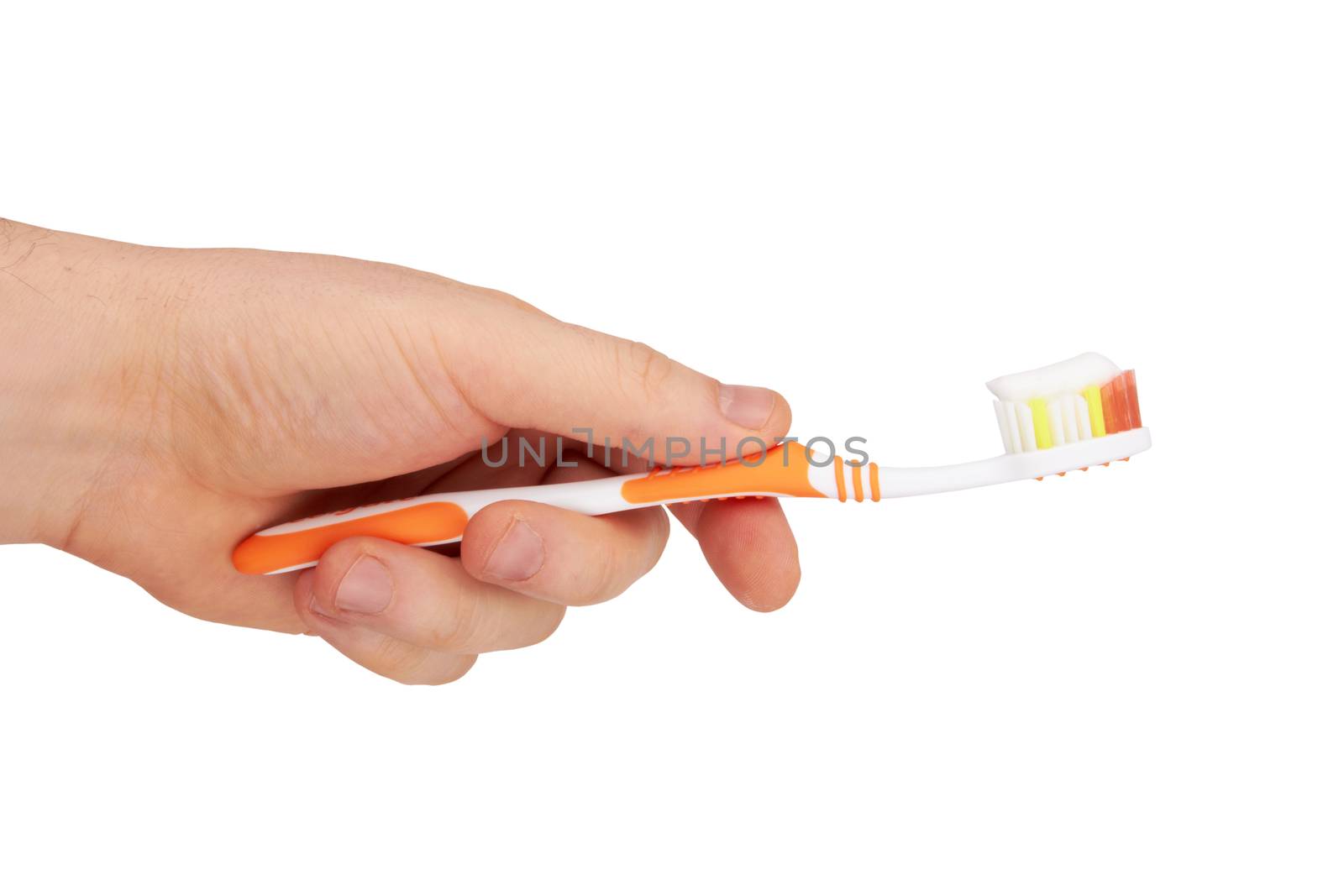  hand holding toothbrush isolated on a white