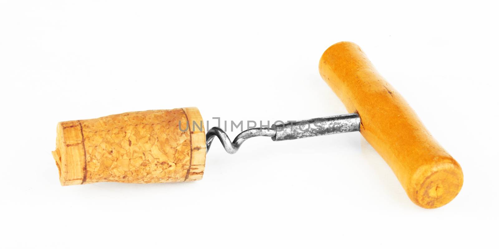 close up of bottle opener and cork of wine bottle on white background with clipping path 