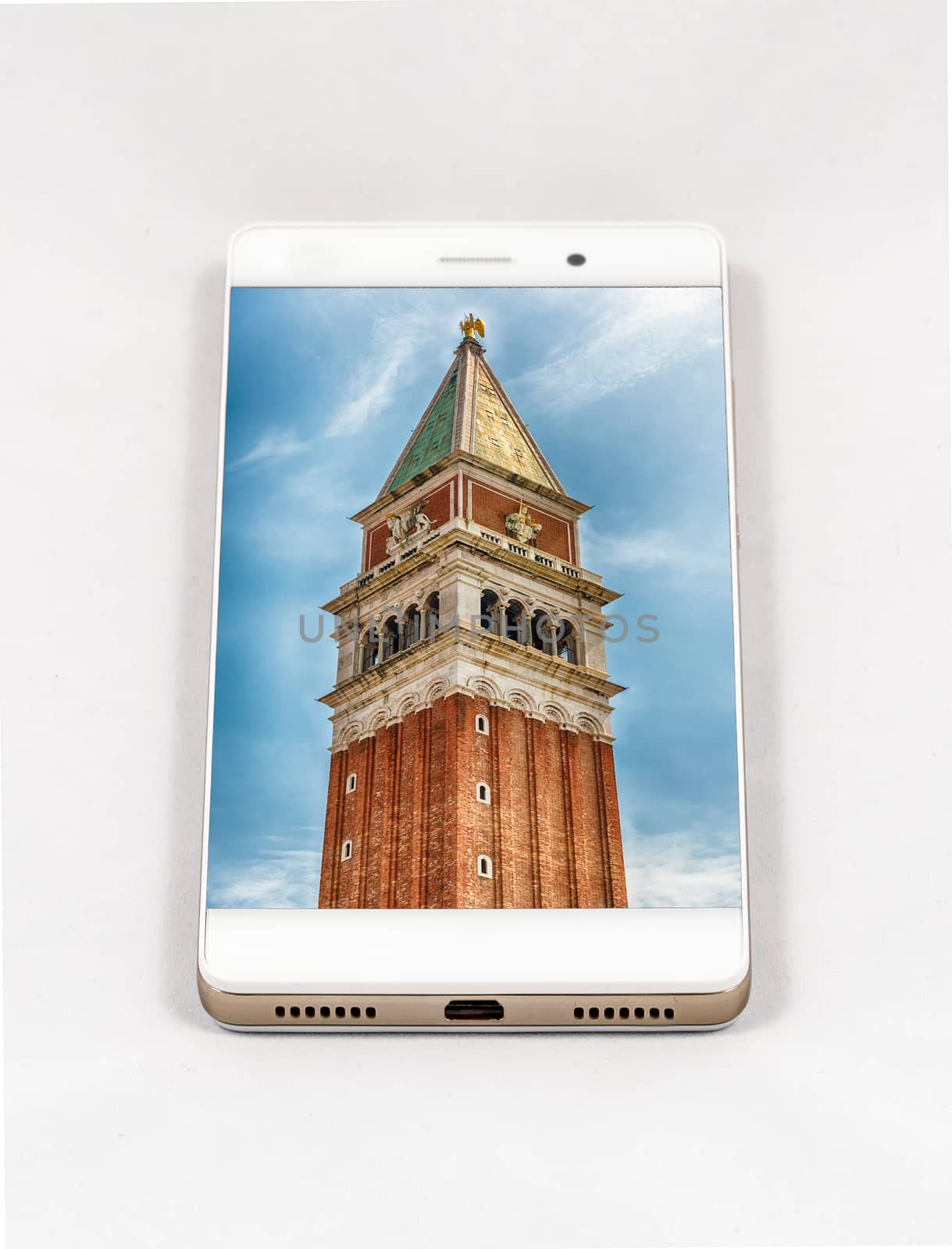 Modern smartphone with full screen picture of Venice, Italy. Concept for travel smartphone photography. All images in this composition are made by me and separately available on my portfolio