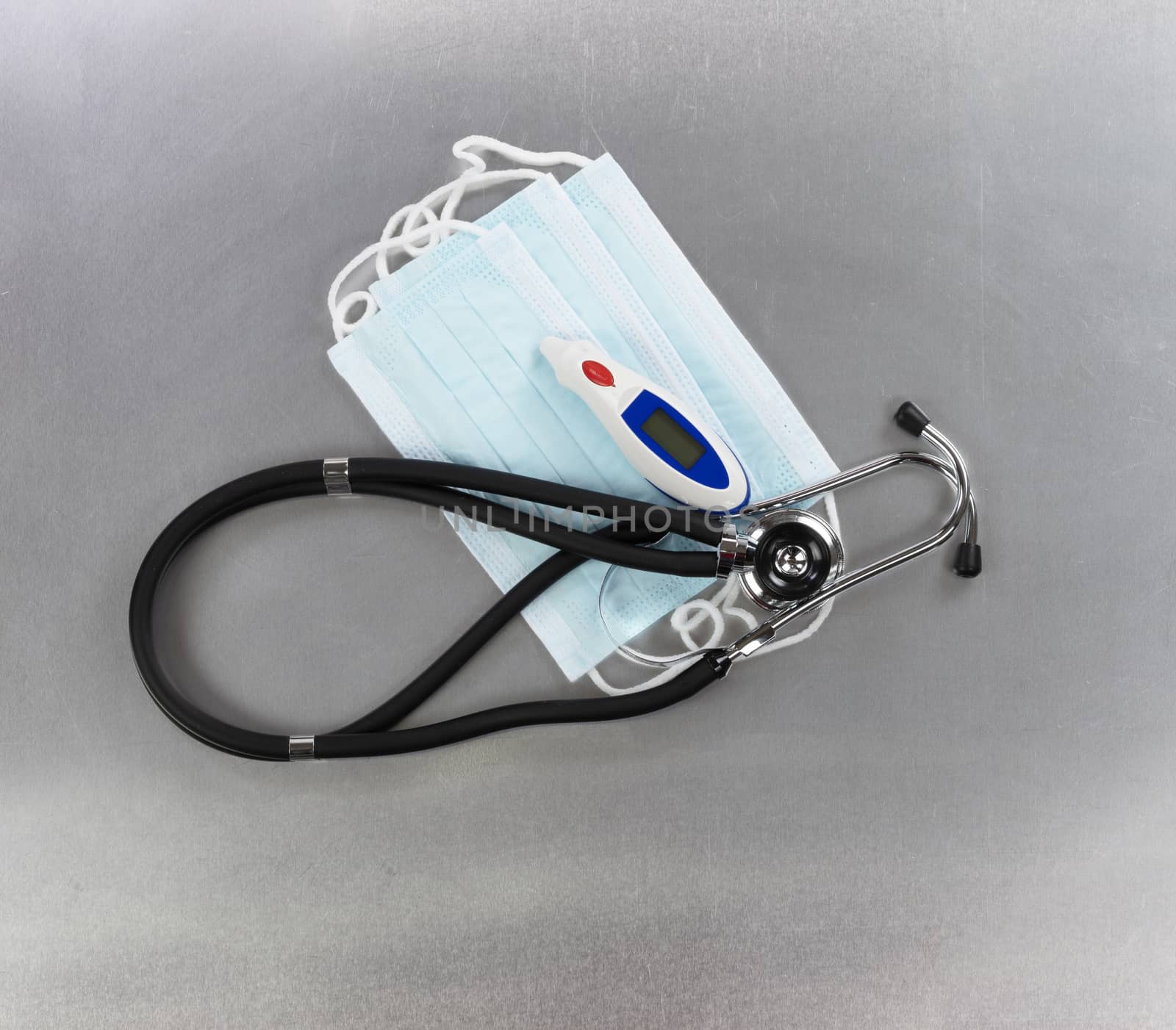 Personal mask with medical equipment on stainless steel table fo by tab1962