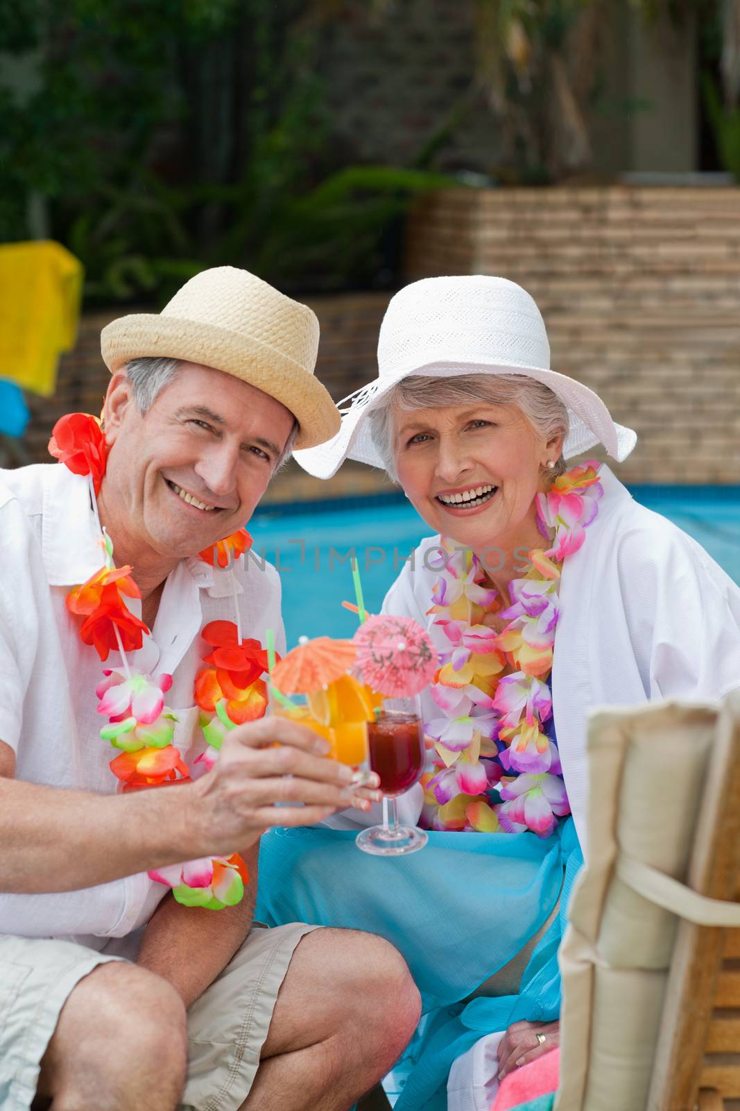 Happy senior couple drinking cocktail and toasting each other 