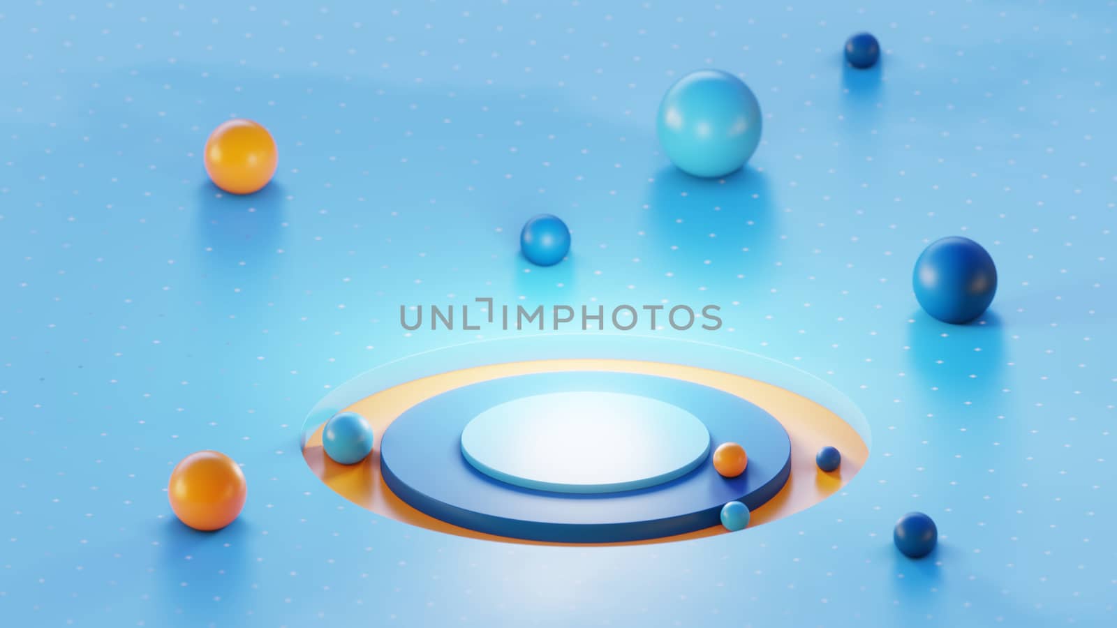 Abstract background for product design. Blue surface with cylinders and spheres. Harmonious color balance. A 3D illustration. Design trend