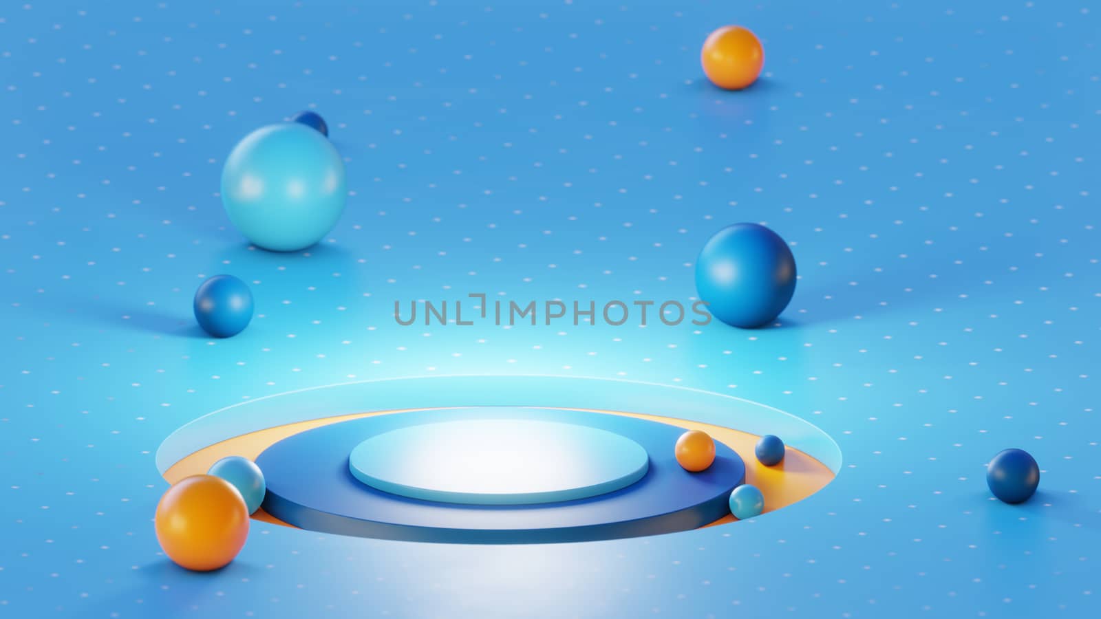 Abstract background for product design. Blue surface with cylinders and spheres. Harmonious color balance. A 3D illustration. Design trend