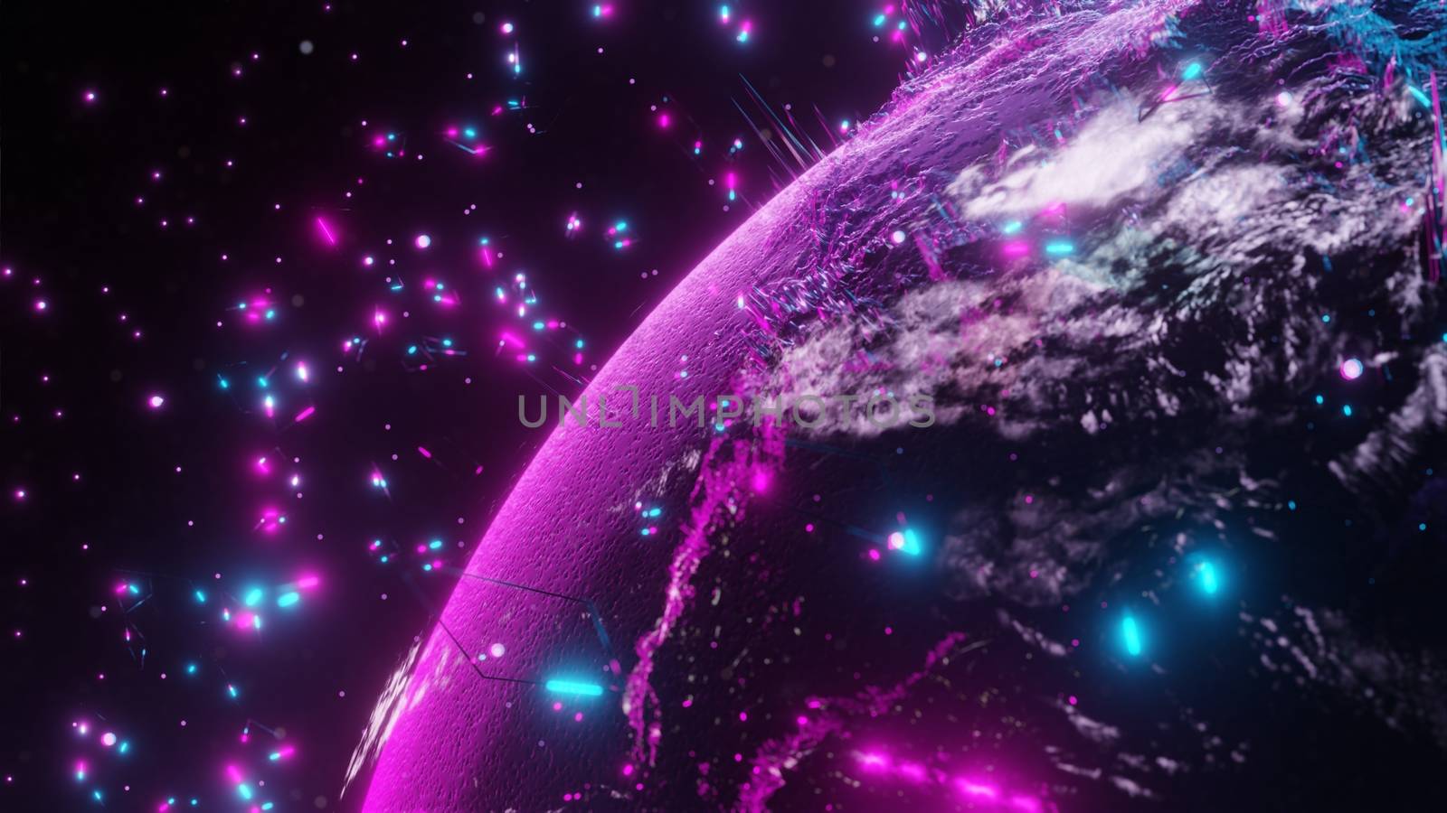 Abstract futuristic planet Earth surrounded by virtual elements. Dots, numbers and lines. Element of this image furnished by NASA. 3D rendering. Technology concept