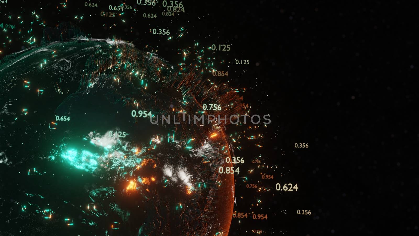 Abstract futuristic planet Earth surrounded by virtual elements. Dots, numbers and lines. Element of this image furnished by NASA. 3D rendering. Technology concept