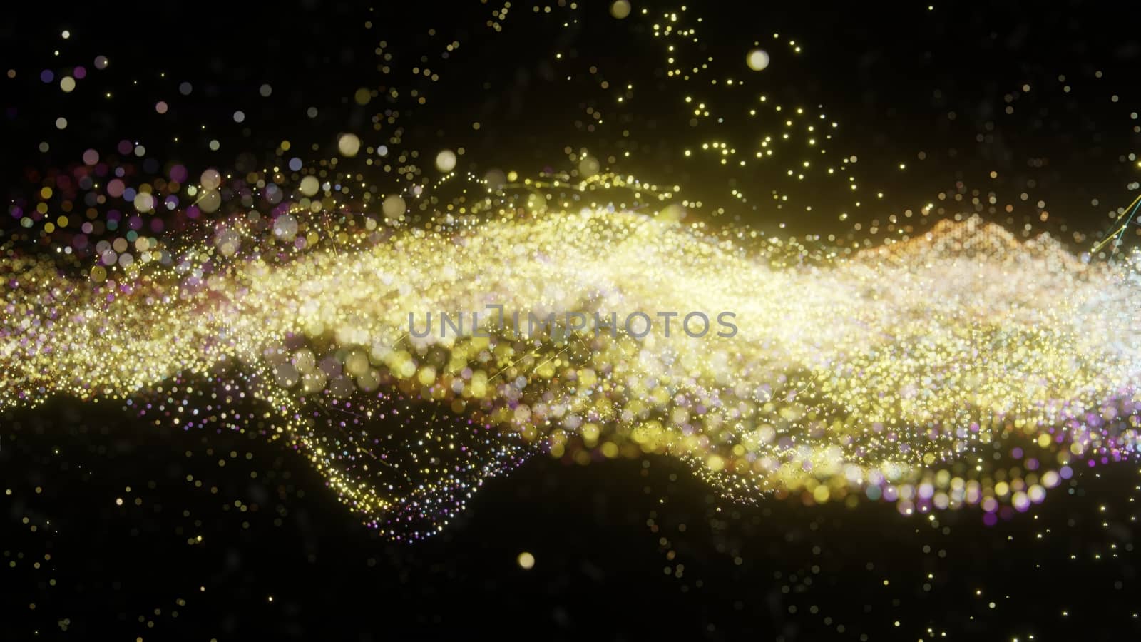 Plexus of abstract yellow dots on a black background. Loop animations. 3D illustration