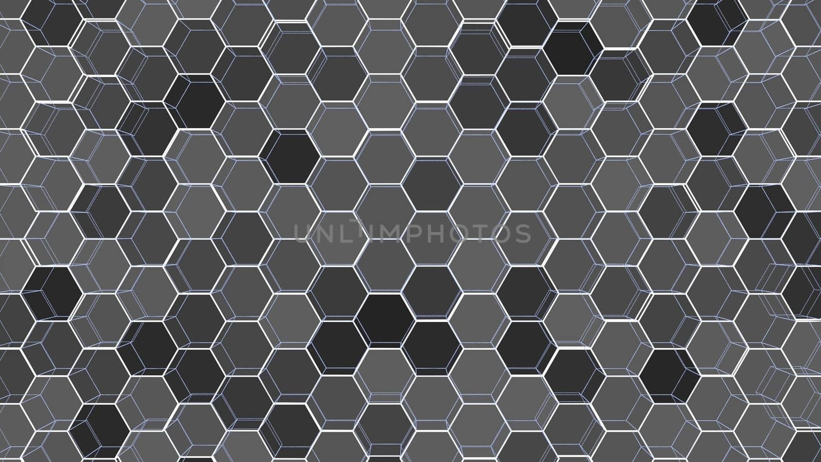 Abstract background of colorful outline hexagons. 3D illustration. Wire-frame style.