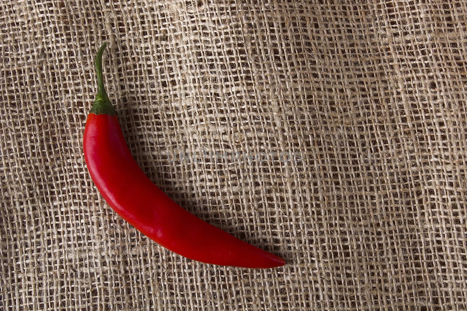 Red chili peppers on a brown burlap background