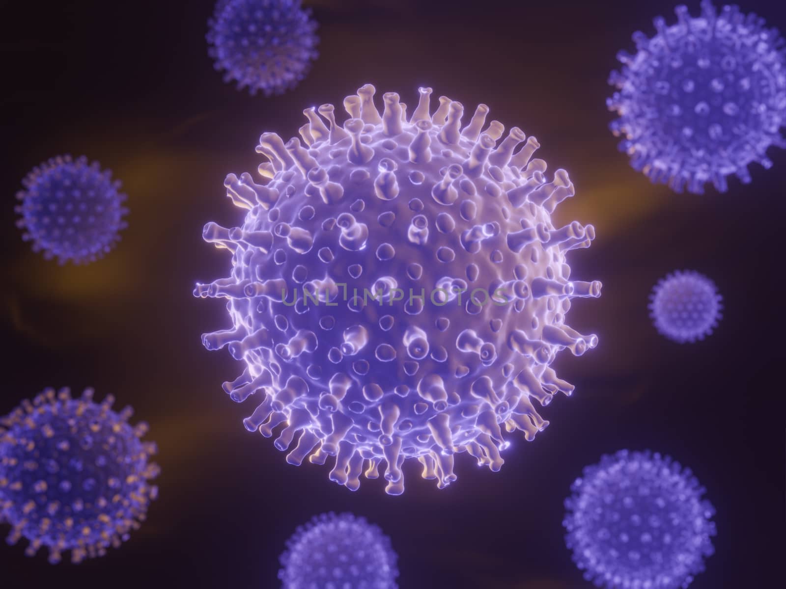 Coronavirus cells in human body. Respiratory virus in microscopic view. illustration of 3D render. Closeup and copy space. Concept of health care.