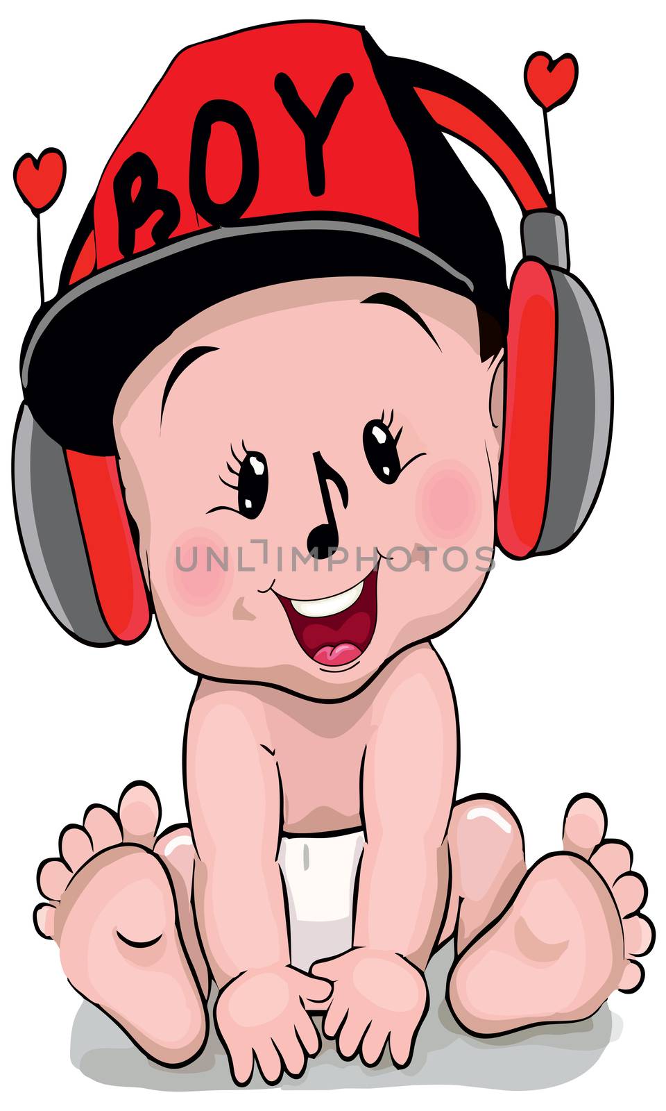 small baby listening song with headphone in red