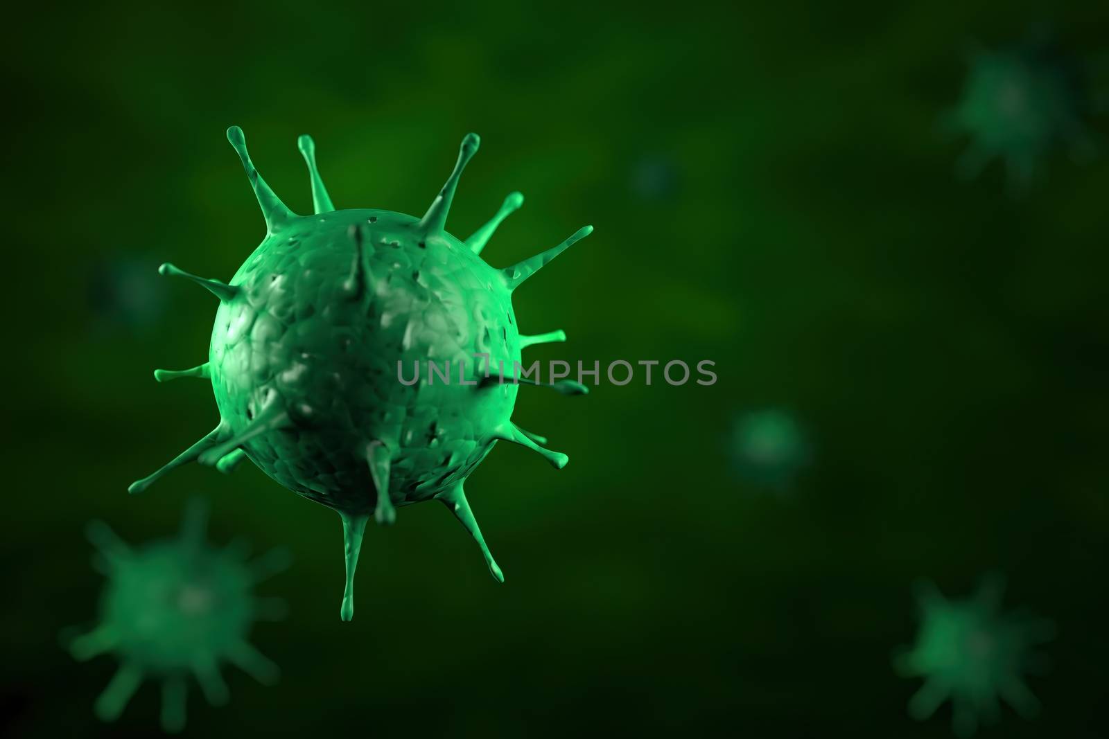 3d rendering Microscope virus close up. 3d illustration viruses causing infectious diseases, decreased immunity example Hepatitis, H1N1, HIV, FLU, AIDS. oncept of viral disease.