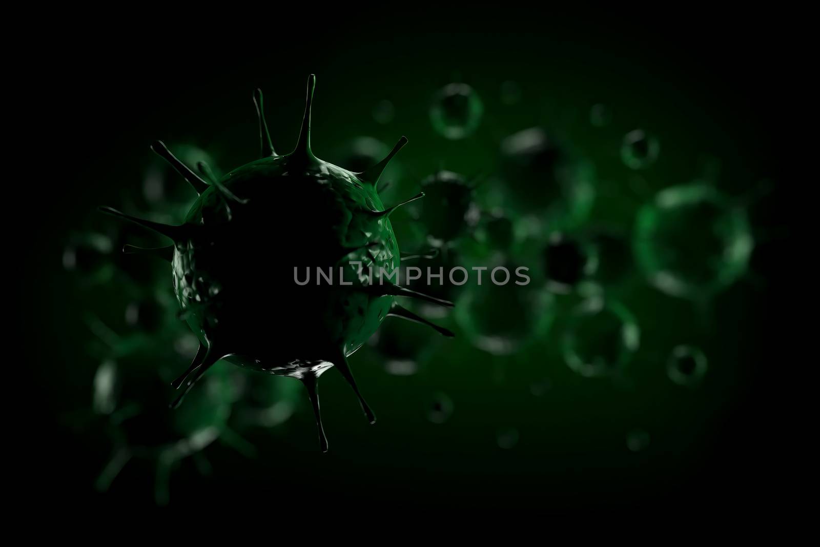 3d rendering Microscope virus close up. 3d illustration viruses causing infectious diseases, decreased immunity example Hepatitis, H1N1, HIV, FLU, AIDS. oncept of viral disease.