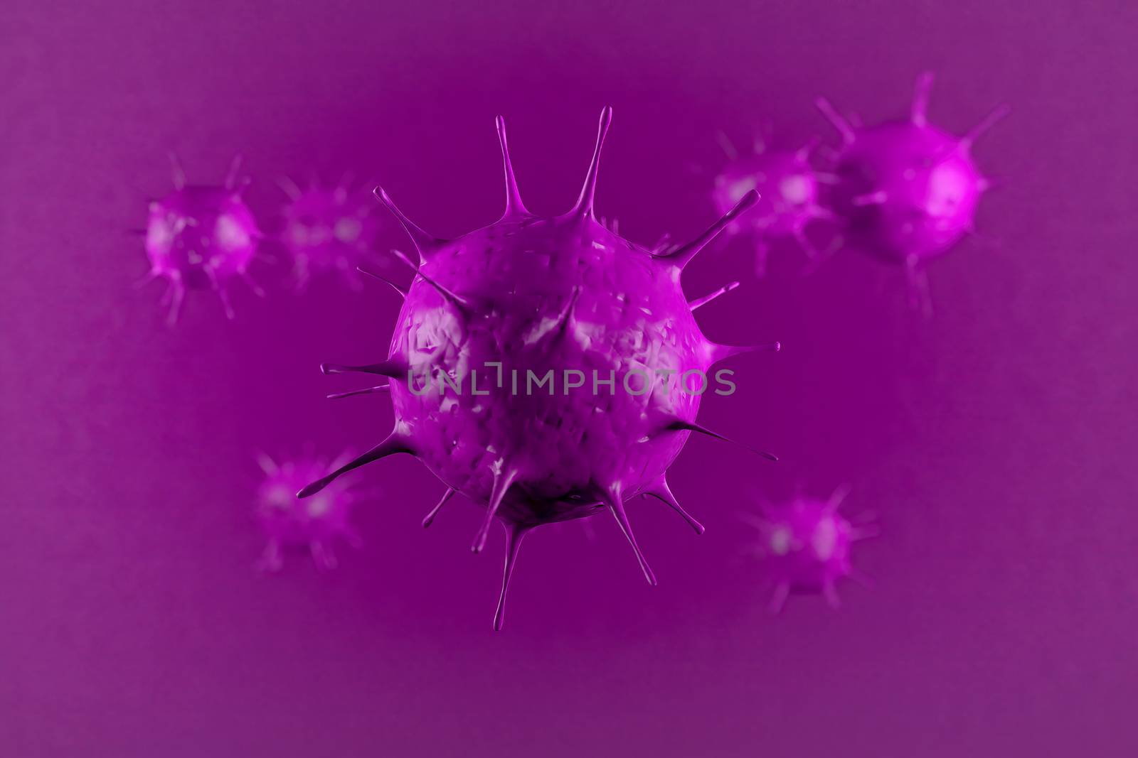 3d rendering Microscope virus close up. 3d illustration viruses causing infectious diseases, decreased immunity example Hepatitis, H1N1, HIV, FLU, AIDS. oncept of viral disease.