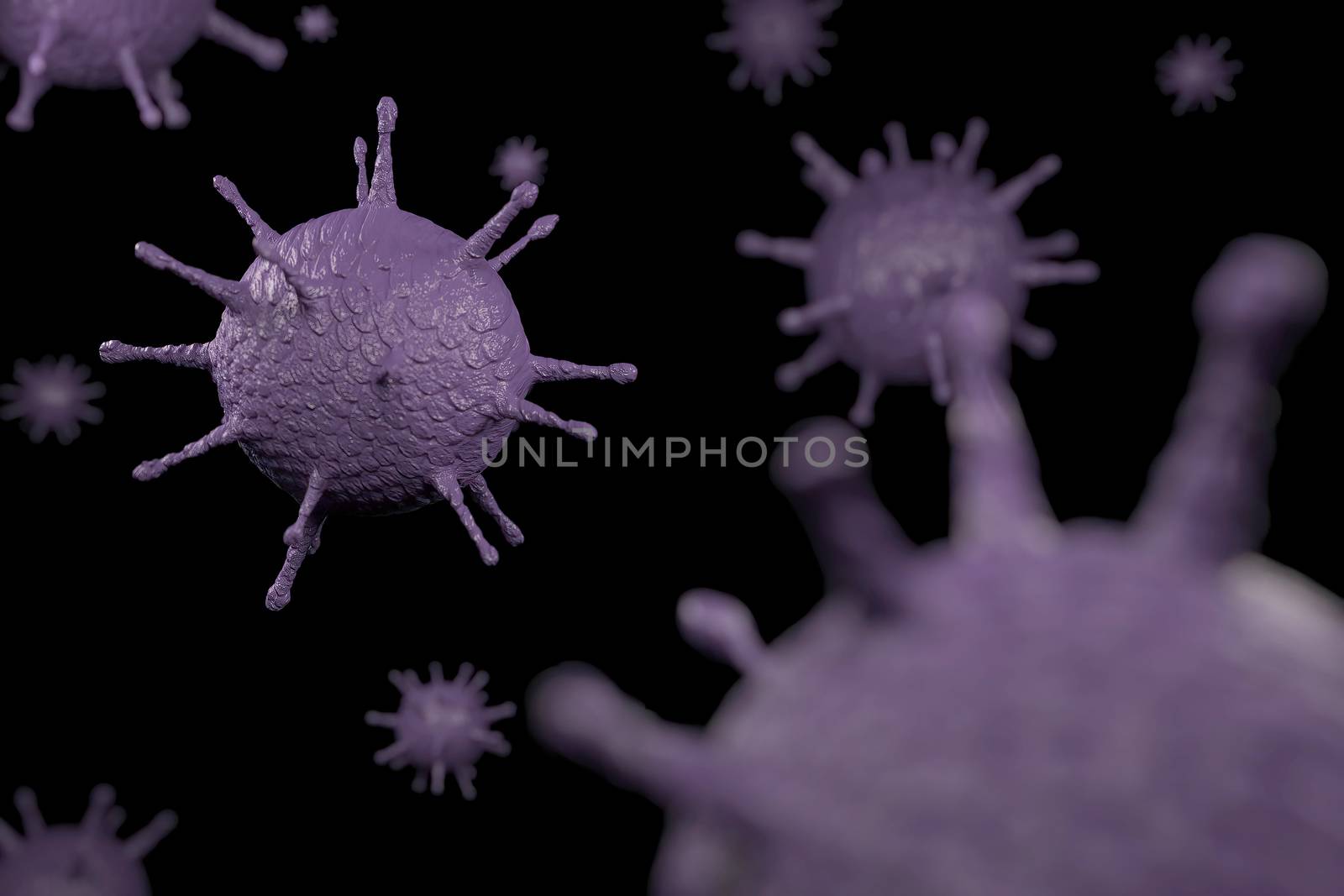 3d rendering Microscope virus close up. 3d illustration viruses causing infectious diseases, decreased immunity example Hepatitis, H1N1, HIV, FLU, AIDS. oncept of viral disease.