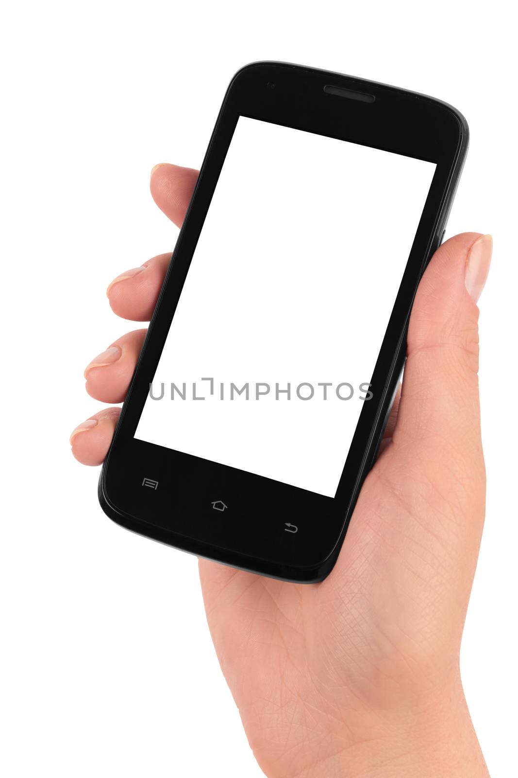 Touch screen mobile phone in hand isolated on white background 