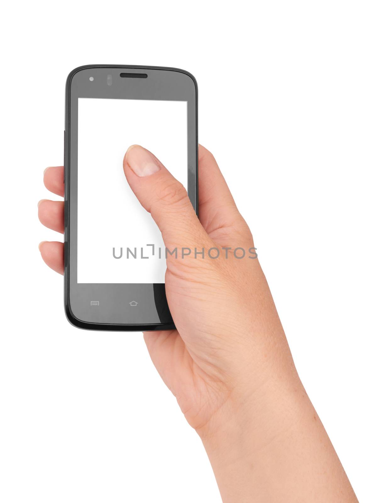 Touch screen mobile phone in hand isolated on white background