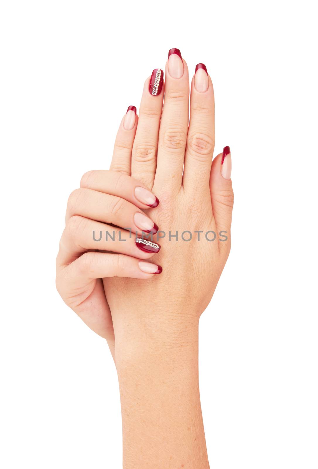 Hand with nail red manicure isolated on white background 