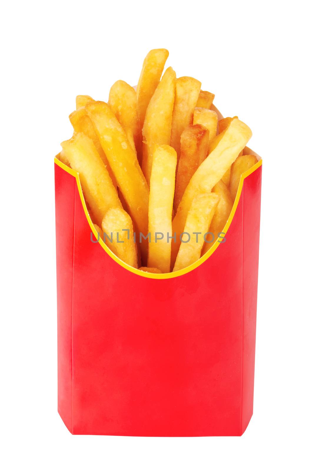 French fries in a red carton box isolated on white 