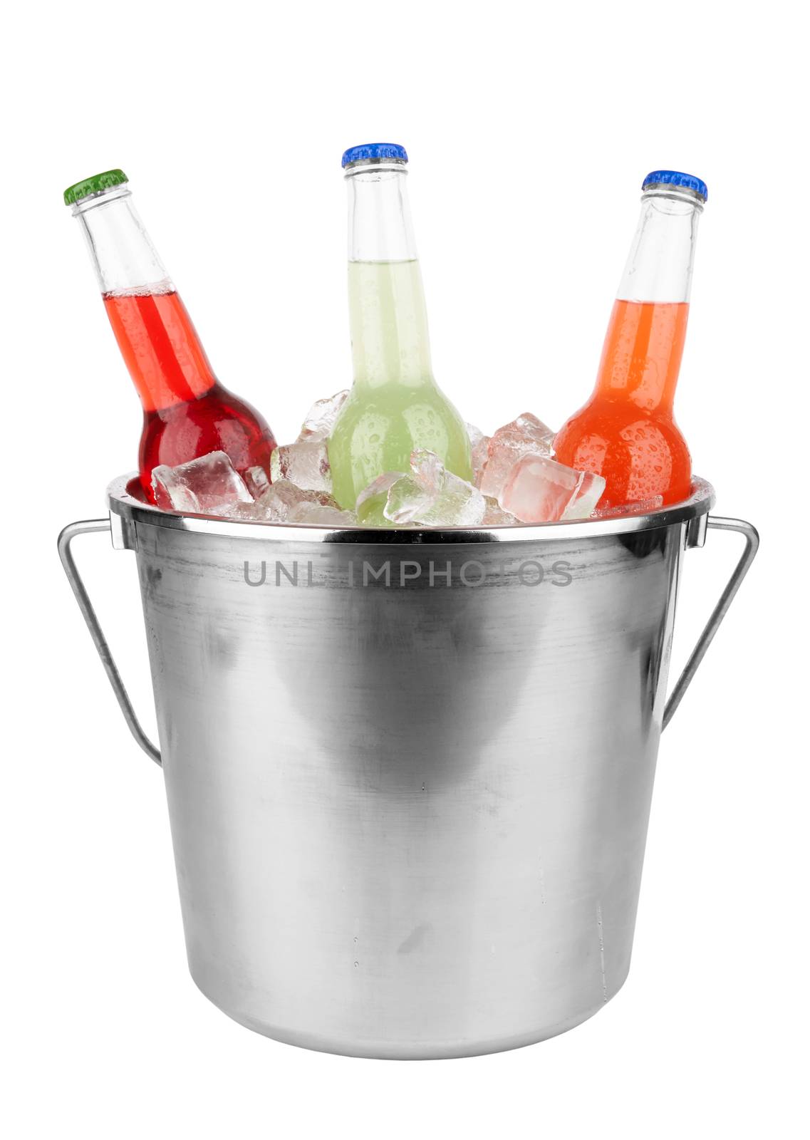 Three bottles in bucket filled with ice isolated on white