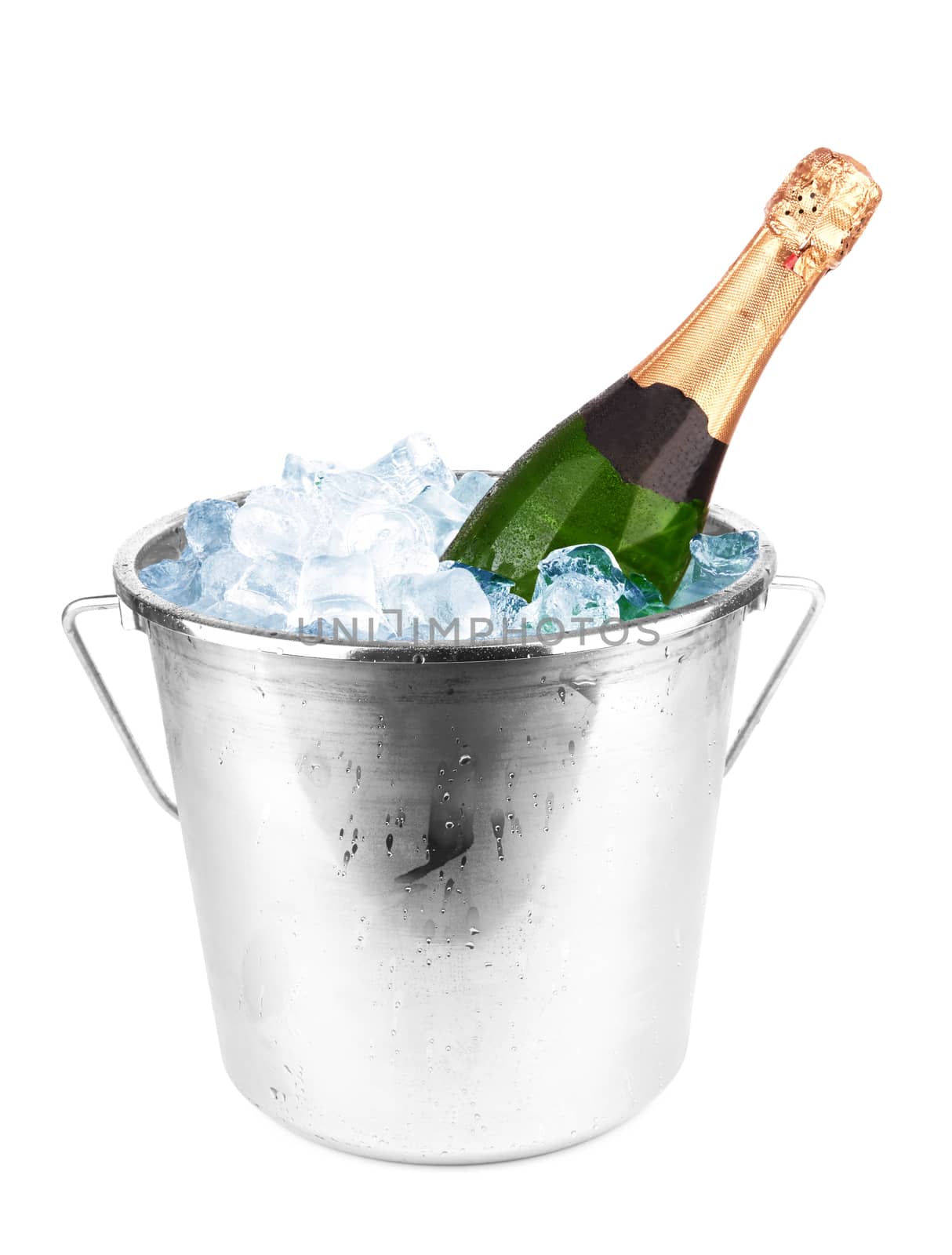 Champagne bottle in a bucket with ice on white background