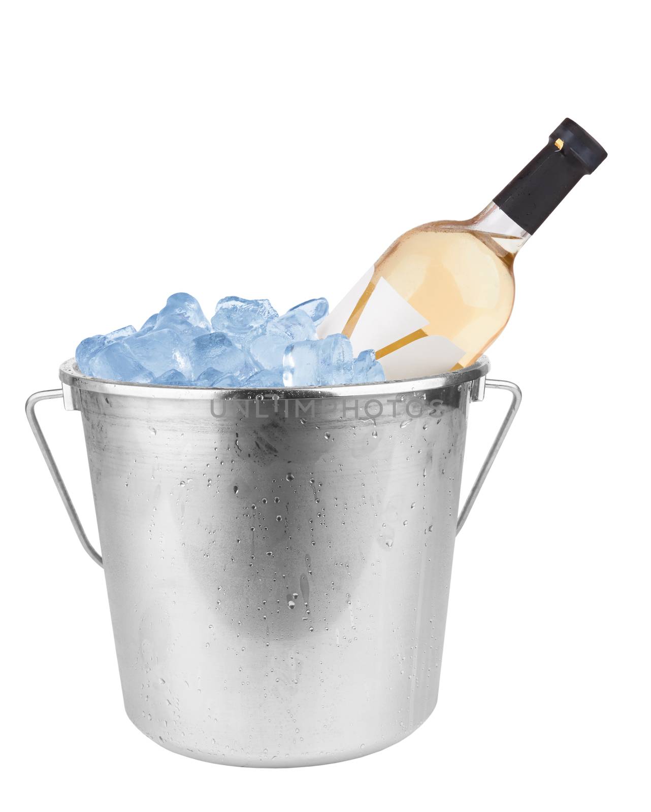 White wine bottle in ice isolated on white background 