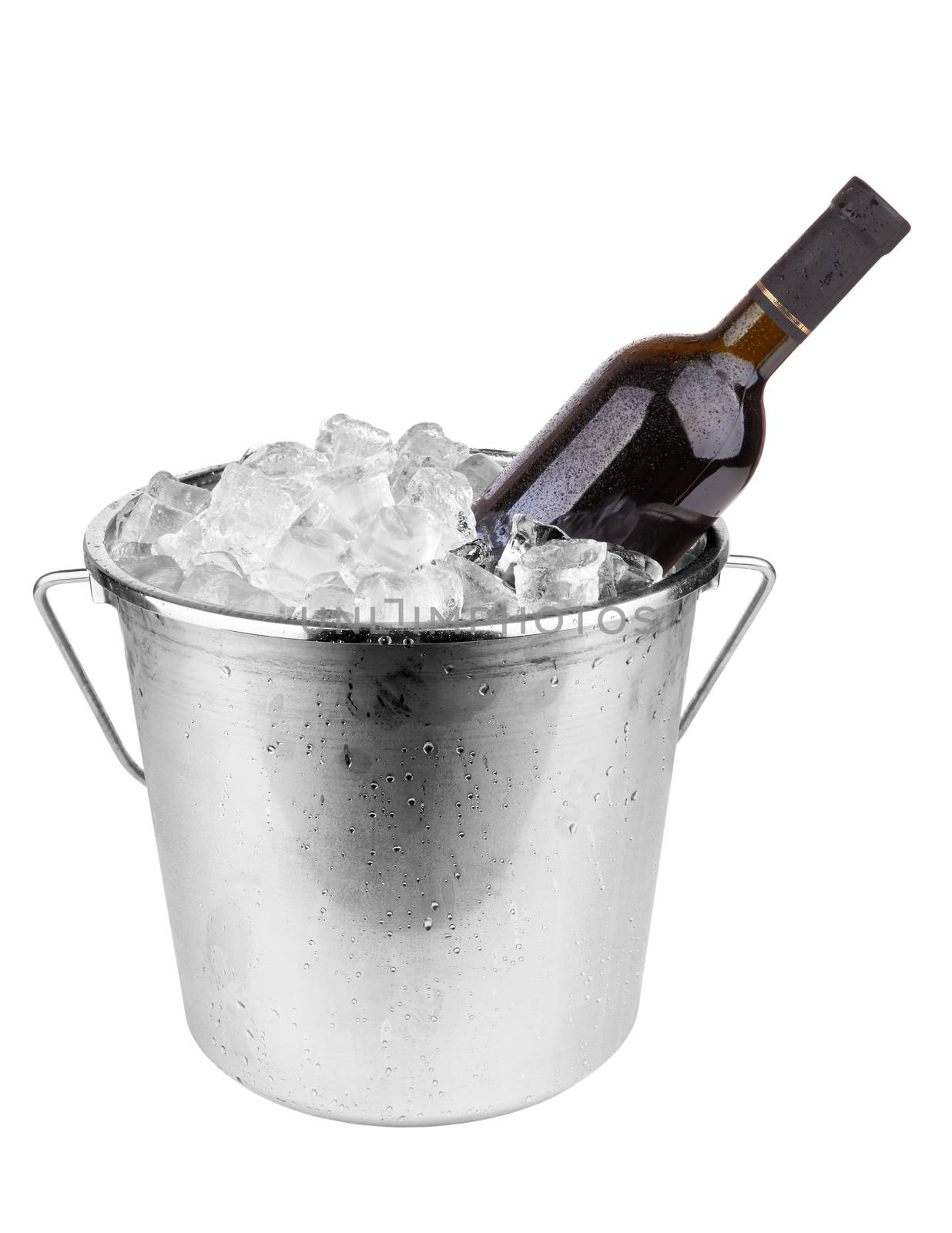 Wine bottle in ice isolated on white background 