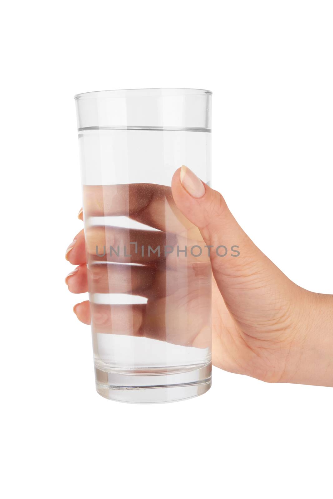 Woman hand with glass of water isolated on white background 