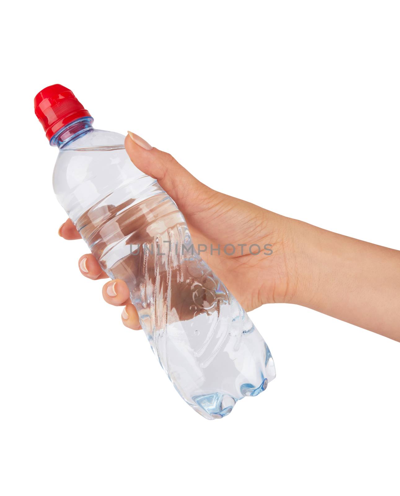 Hand holding a bottle of water isolated on white background