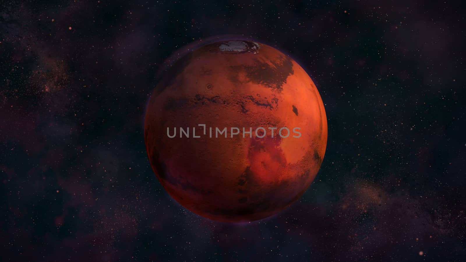 Realistic Mars from space showing Syrtis Major. Red planet in the starry sky.