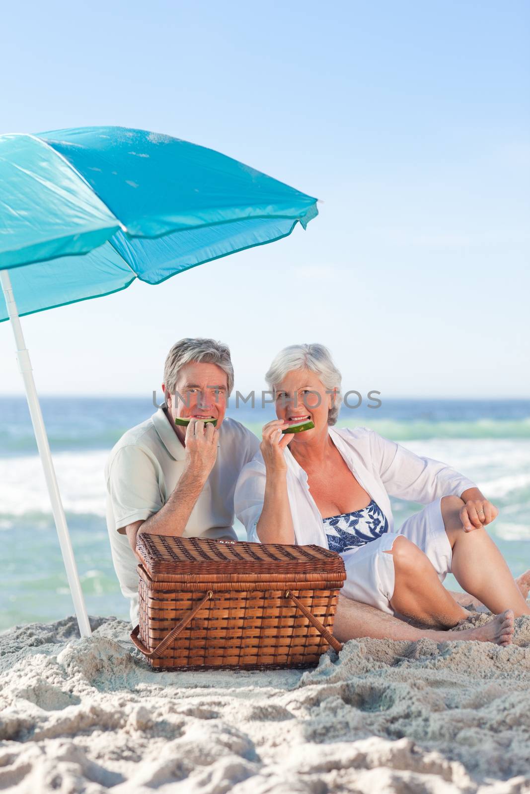 Elderly couple picniking on the beach by Wavebreakmedia