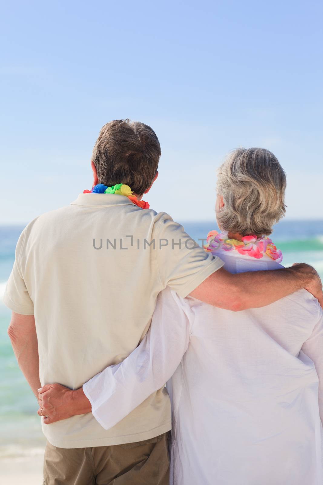 Enamored couple looking at the sea