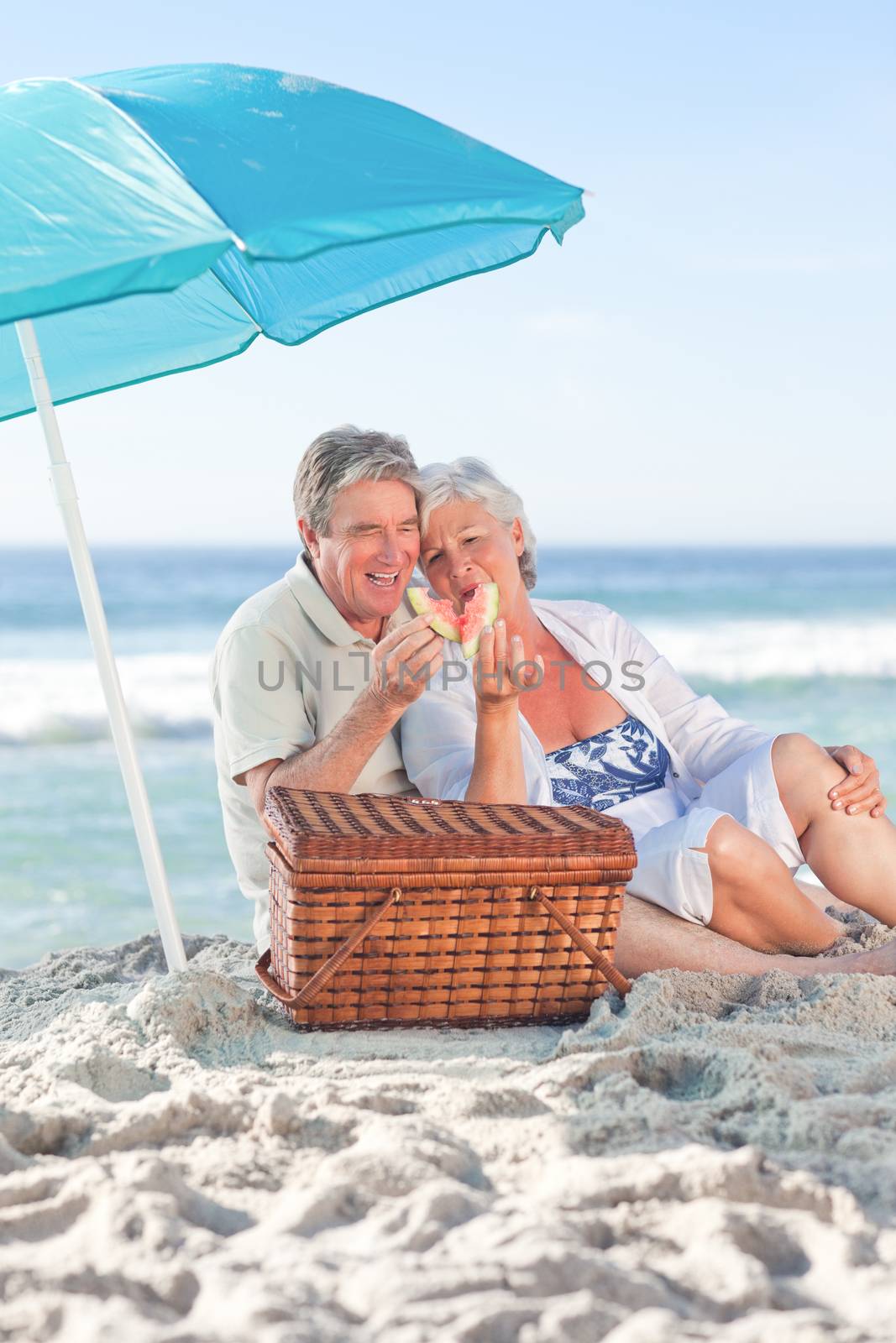 Elderly couple picniking on the beach by Wavebreakmedia