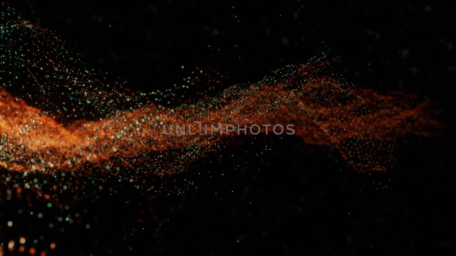 Plexus of abstract orange and green dots on a black background. 3D illustration