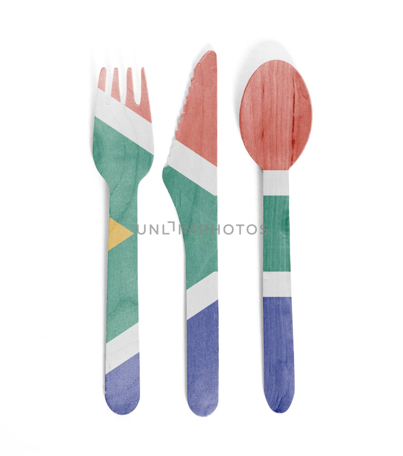 Eco friendly wooden cutlery - Plastic free concept - Isolated - Flag of South Africa